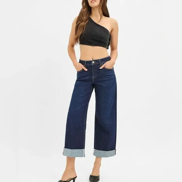 RISEN USA Mid Rise Fit Ankle Wide Leg Roll Up Women'sDark Blue Jeans sz 11 [30